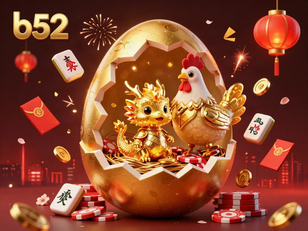The b52 scene showcases a golden dragon amidst poker chips, enhanced with festive elements representing an engaging casino atmosphere.
